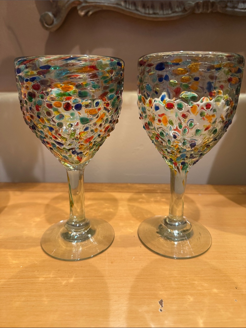 2 Handblown Multicolor Confetti Wine Glasses